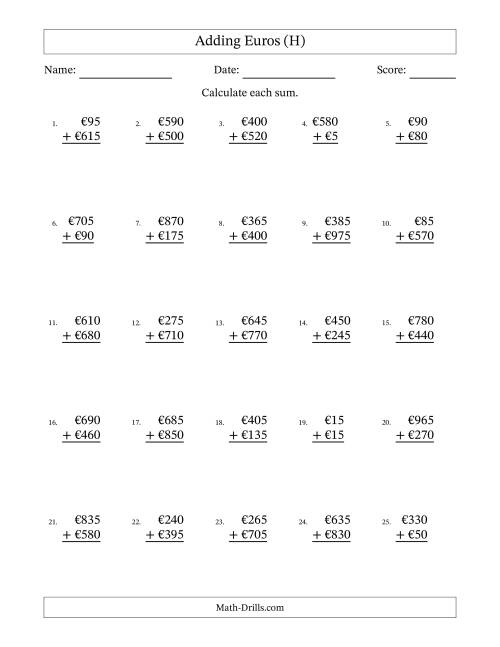 The Adding Euros With Amounts from 5 to 995 in Increments of Five Euros (H) Math Worksheet