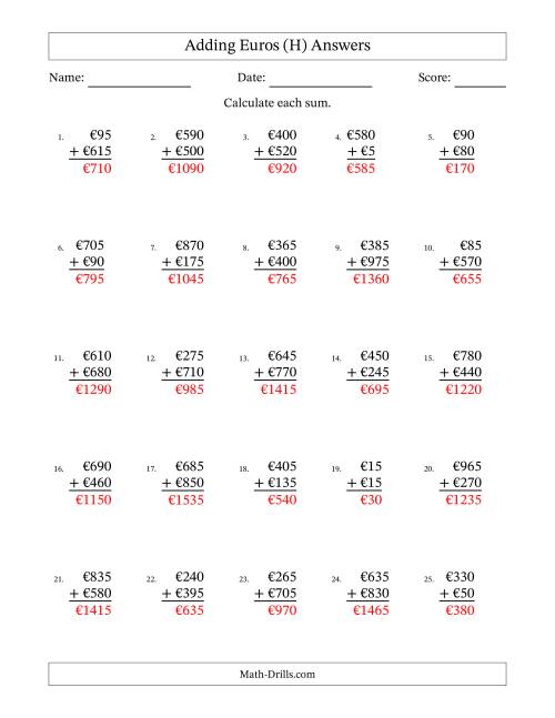 The Adding Euros With Amounts from 5 to 995 in Increments of Five Euros (H) Math Worksheet Page 2