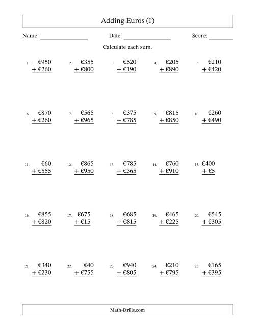 The Adding Euros With Amounts from 5 to 995 in Increments of Five Euros (I) Math Worksheet