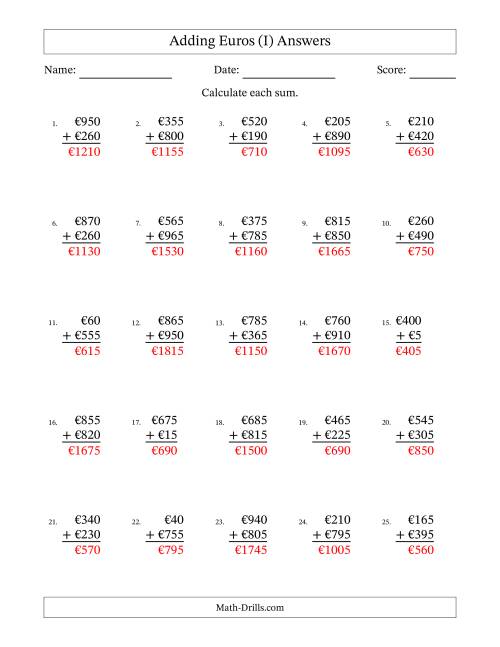 The Adding Euros With Amounts from 5 to 995 in Increments of Five Euros (I) Math Worksheet Page 2