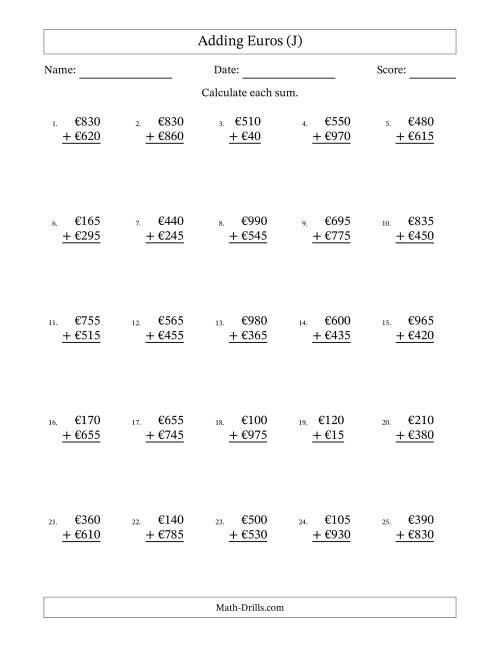 The Adding Euros With Amounts from 5 to 995 in Increments of Five Euros (J) Math Worksheet