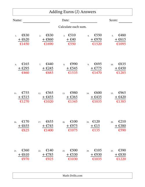 The Adding Euros With Amounts from 5 to 995 in Increments of Five Euros (J) Math Worksheet Page 2