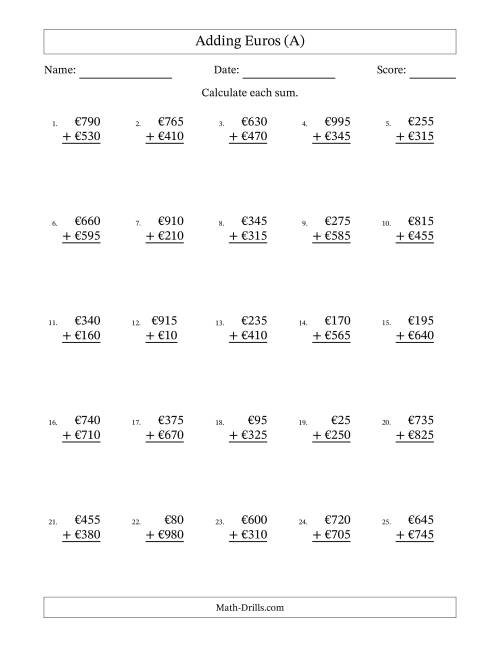 The Adding Euros With Amounts from 5 to 995 in Increments of Five Euros (All) Math Worksheet