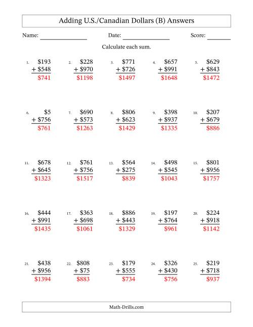 The Adding U.S./Canadian Dollars With Amounts from 1 to 999 in Increments of One Dollar (B) Math Worksheet Page 2