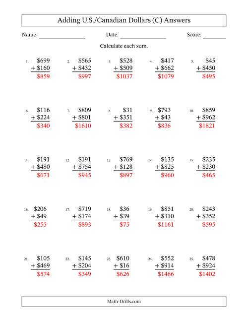 The Adding U.S./Canadian Dollars With Amounts from 1 to 999 in Increments of One Dollar (C) Math Worksheet Page 2