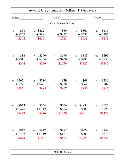 The Adding U.S./Canadian Dollars With Amounts from 1 to 999 in Increments of One Dollar (D) Math Worksheet Page 2