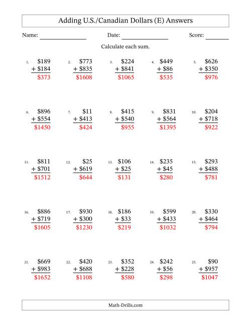 The Adding U.S./Canadian Dollars With Amounts from 1 to 999 in Increments of One Dollar (E) Math Worksheet Page 2