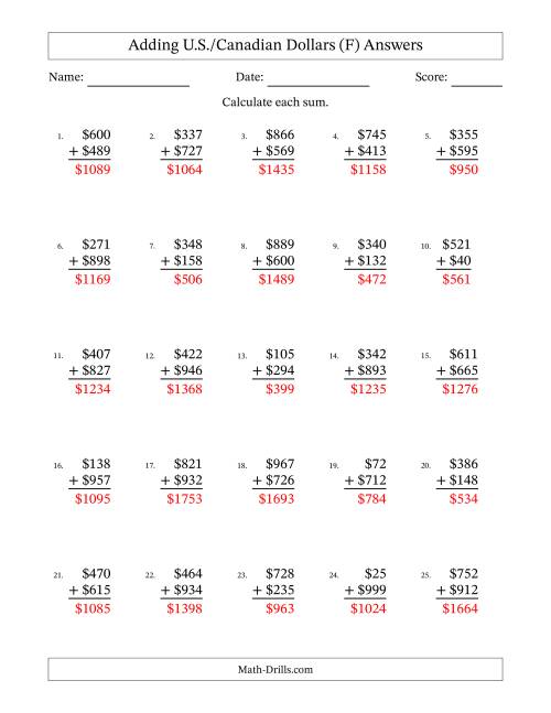 The Adding U.S./Canadian Dollars With Amounts from 1 to 999 in Increments of One Dollar (F) Math Worksheet Page 2