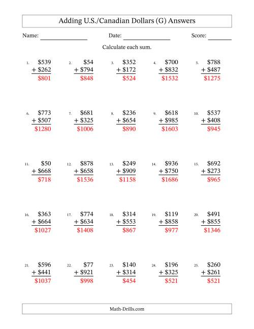 The Adding U.S./Canadian Dollars With Amounts from 1 to 999 in Increments of One Dollar (G) Math Worksheet Page 2