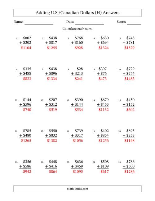 The Adding U.S./Canadian Dollars With Amounts from 1 to 999 in Increments of One Dollar (H) Math Worksheet Page 2