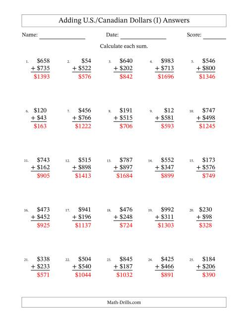 The Adding U.S./Canadian Dollars With Amounts from 1 to 999 in Increments of One Dollar (I) Math Worksheet Page 2