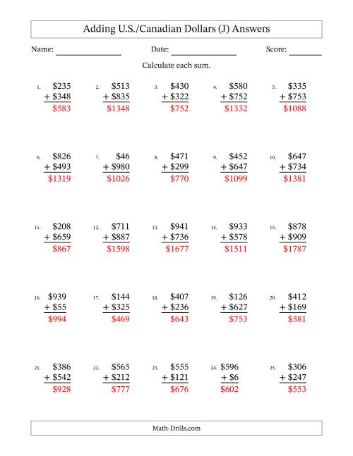 The Adding U.S./Canadian Dollars With Amounts from 1 to 999 in Increments of One Dollar (J) Math Worksheet Page 2