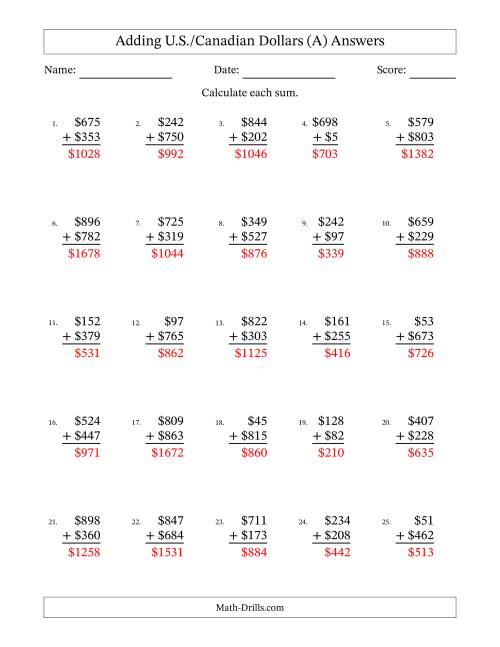 The Adding U.S./Canadian Dollars With Amounts from 1 to 999 in Increments of One Dollar (All) Math Worksheet Page 2