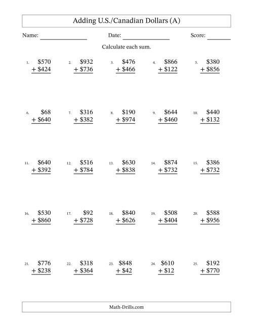 The Adding U.S./Canadian Dollars With Amounts from 2 to 998 in Increments of Two Dollars (A) Math Worksheet