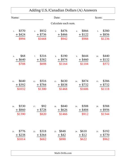 The Adding U.S./Canadian Dollars With Amounts from 2 to 998 in Increments of Two Dollars (A) Math Worksheet Page 2