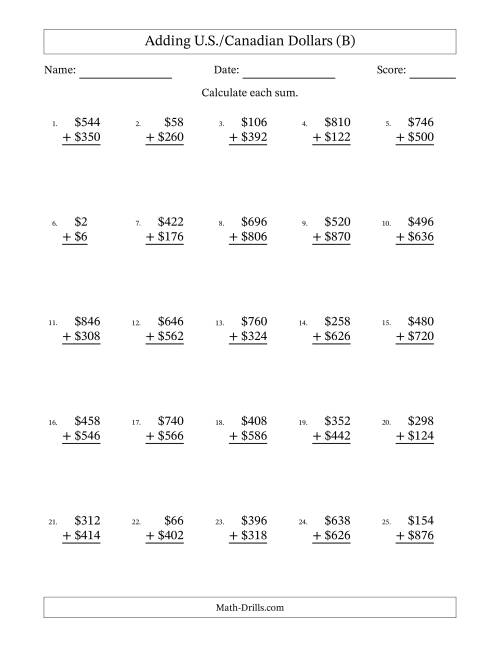 The Adding U.S./Canadian Dollars With Amounts from 2 to 998 in Increments of Two Dollars (B) Math Worksheet