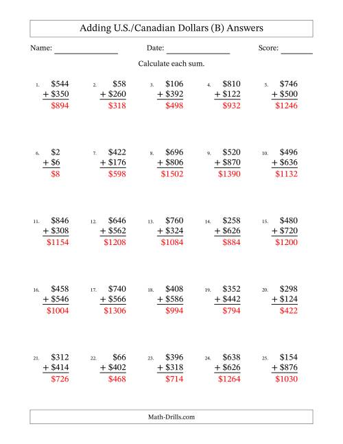 The Adding U.S./Canadian Dollars With Amounts from 2 to 998 in Increments of Two Dollars (B) Math Worksheet Page 2