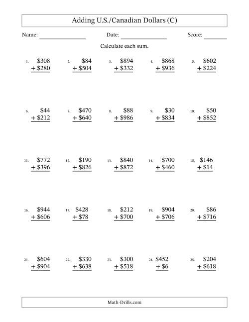 The Adding U.S./Canadian Dollars With Amounts from 2 to 998 in Increments of Two Dollars (C) Math Worksheet