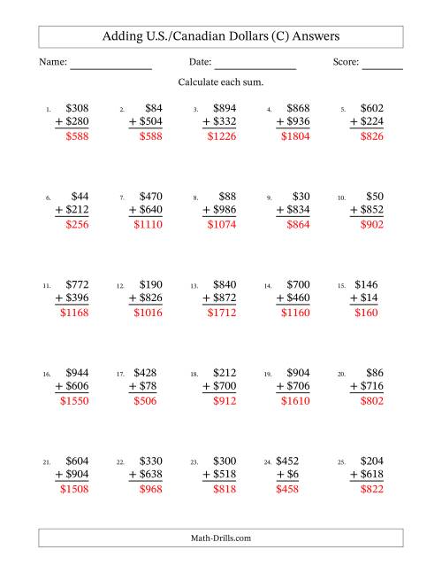 The Adding U.S./Canadian Dollars With Amounts from 2 to 998 in Increments of Two Dollars (C) Math Worksheet Page 2