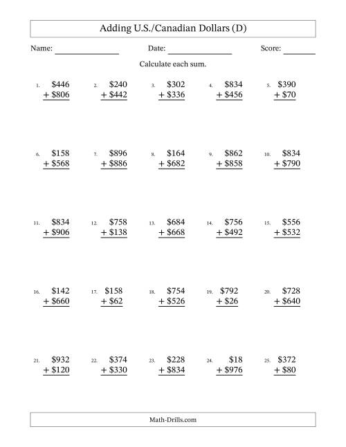 The Adding U.S./Canadian Dollars With Amounts from 2 to 998 in Increments of Two Dollars (D) Math Worksheet