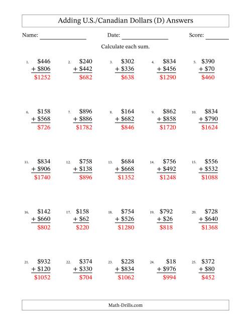 The Adding U.S./Canadian Dollars With Amounts from 2 to 998 in Increments of Two Dollars (D) Math Worksheet Page 2