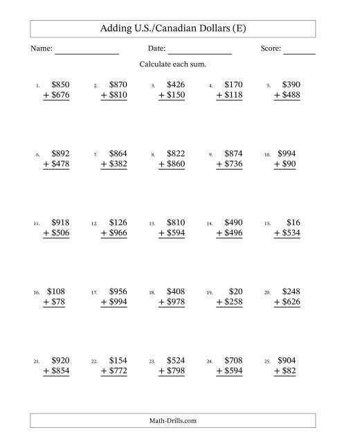 The Adding U.S./Canadian Dollars With Amounts from 2 to 998 in Increments of Two Dollars (E) Math Worksheet