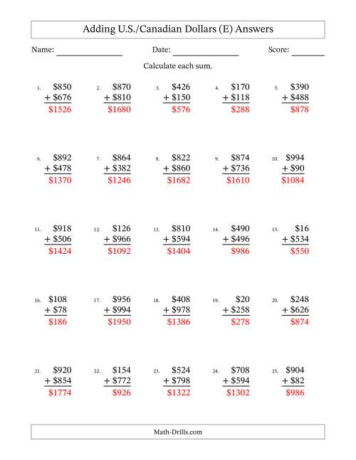 The Adding U.S./Canadian Dollars With Amounts from 2 to 998 in Increments of Two Dollars (E) Math Worksheet Page 2