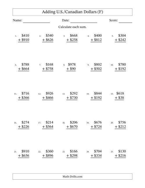 The Adding U.S./Canadian Dollars With Amounts from 2 to 998 in Increments of Two Dollars (F) Math Worksheet