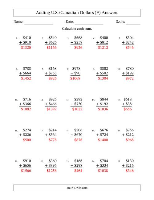 The Adding U.S./Canadian Dollars With Amounts from 2 to 998 in Increments of Two Dollars (F) Math Worksheet Page 2