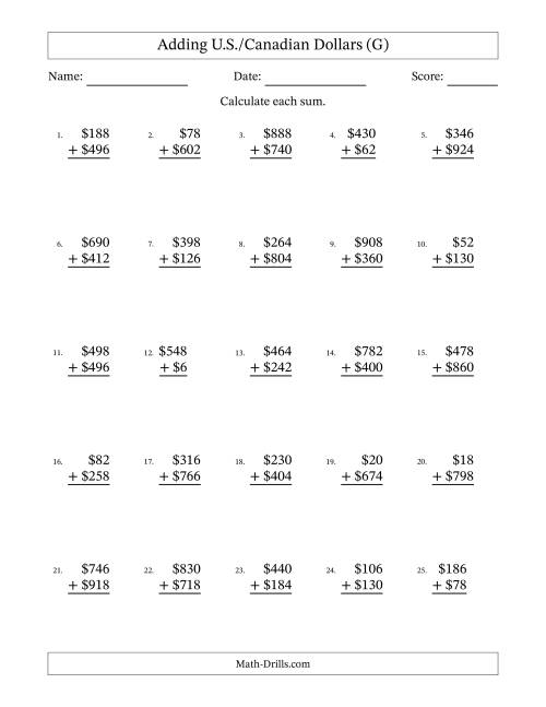 The Adding U.S./Canadian Dollars With Amounts from 2 to 998 in Increments of Two Dollars (G) Math Worksheet