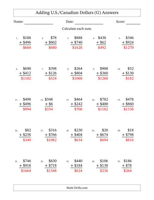 The Adding U.S./Canadian Dollars With Amounts from 2 to 998 in Increments of Two Dollars (G) Math Worksheet Page 2