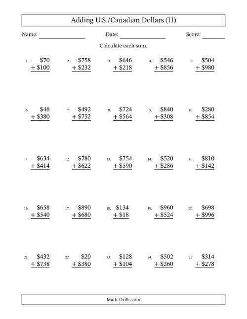 The Adding U.S./Canadian Dollars With Amounts from 2 to 998 in Increments of Two Dollars (H) Math Worksheet