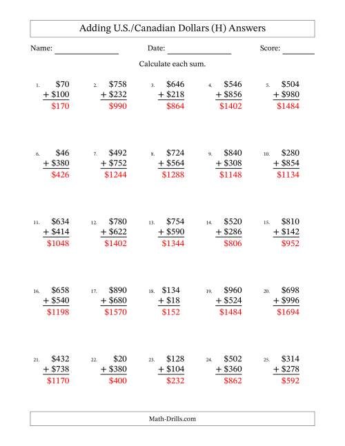 The Adding U.S./Canadian Dollars With Amounts from 2 to 998 in Increments of Two Dollars (H) Math Worksheet Page 2