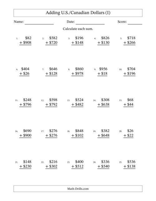 The Adding U.S./Canadian Dollars With Amounts from 2 to 998 in Increments of Two Dollars (I) Math Worksheet