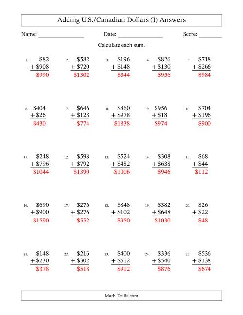 The Adding U.S./Canadian Dollars With Amounts from 2 to 998 in Increments of Two Dollars (I) Math Worksheet Page 2