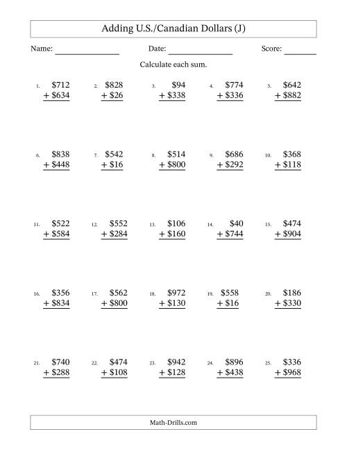 The Adding U.S./Canadian Dollars With Amounts from 2 to 998 in Increments of Two Dollars (J) Math Worksheet