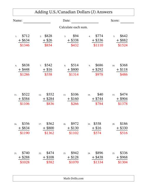 The Adding U.S./Canadian Dollars With Amounts from 2 to 998 in Increments of Two Dollars (J) Math Worksheet Page 2