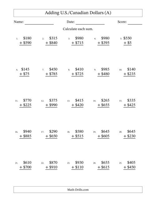 The Adding U.S./Canadian Dollars With Amounts from 5 to 995 in Increments of Five Dollars (A) Math Worksheet