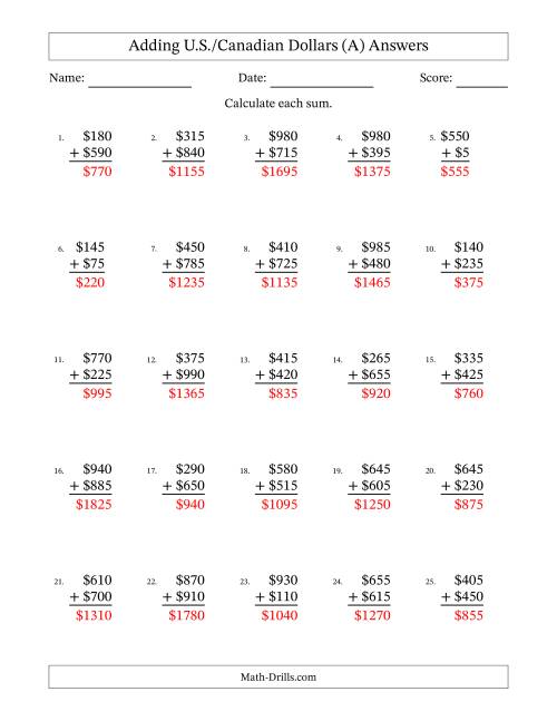 The Adding U.S./Canadian Dollars With Amounts from 5 to 995 in Increments of Five Dollars (A) Math Worksheet Page 2