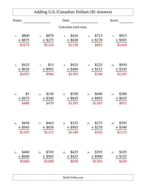 The Adding U.S./Canadian Dollars With Amounts from 5 to 995 in Increments of Five Dollars (B) Math Worksheet Page 2