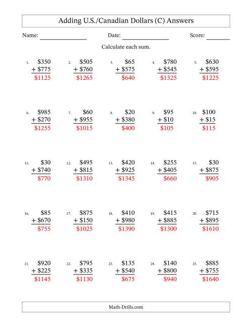 The Adding U.S./Canadian Dollars With Amounts from 5 to 995 in Increments of Five Dollars (C) Math Worksheet Page 2