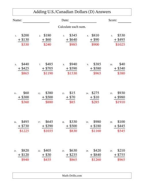 The Adding U.S./Canadian Dollars With Amounts from 5 to 995 in Increments of Five Dollars (D) Math Worksheet Page 2