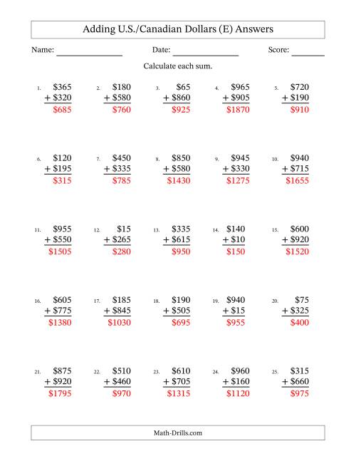 The Adding U.S./Canadian Dollars With Amounts from 5 to 995 in Increments of Five Dollars (E) Math Worksheet Page 2