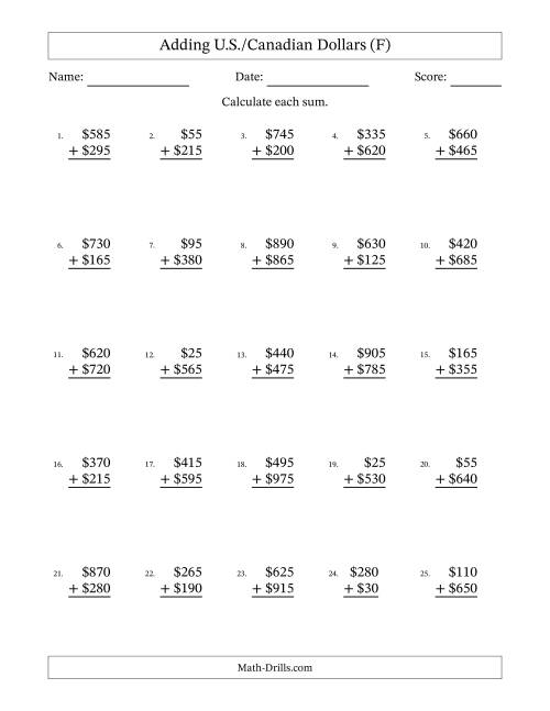 The Adding U.S./Canadian Dollars With Amounts from 5 to 995 in Increments of Five Dollars (F) Math Worksheet