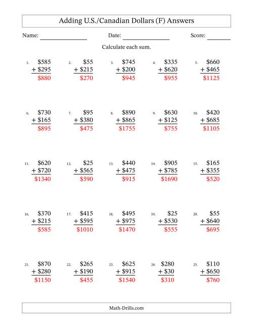 The Adding U.S./Canadian Dollars With Amounts from 5 to 995 in Increments of Five Dollars (F) Math Worksheet Page 2