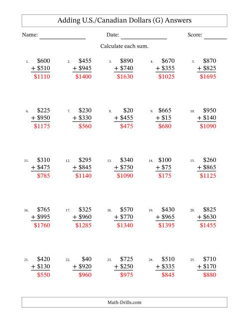 The Adding U.S./Canadian Dollars With Amounts from 5 to 995 in Increments of Five Dollars (G) Math Worksheet Page 2