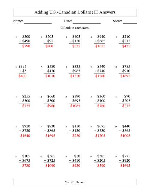 The Adding U.S./Canadian Dollars With Amounts from 5 to 995 in Increments of Five Dollars (H) Math Worksheet Page 2