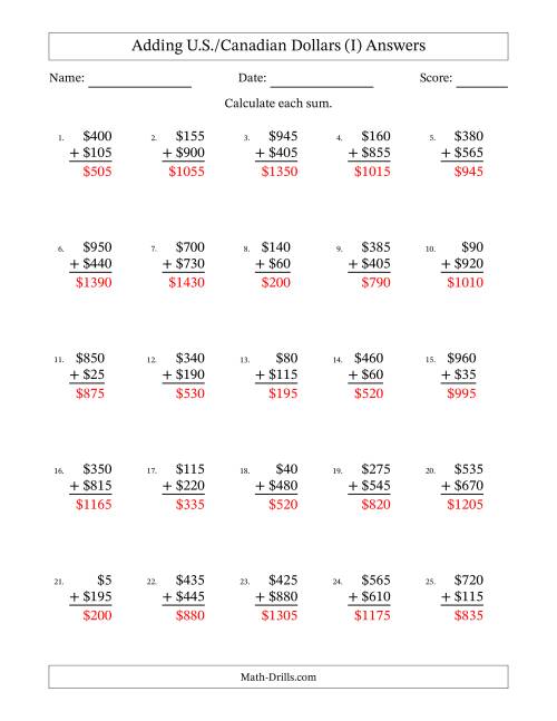 The Adding U.S./Canadian Dollars With Amounts from 5 to 995 in Increments of Five Dollars (I) Math Worksheet Page 2