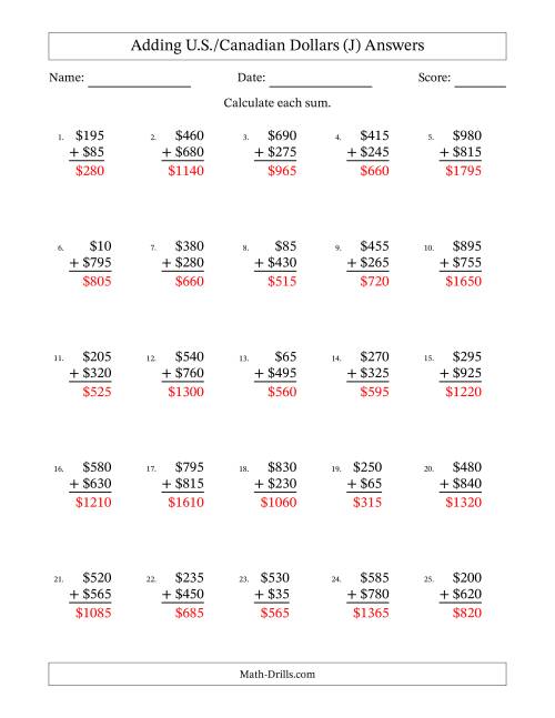 The Adding U.S./Canadian Dollars With Amounts from 5 to 995 in Increments of Five Dollars (J) Math Worksheet Page 2