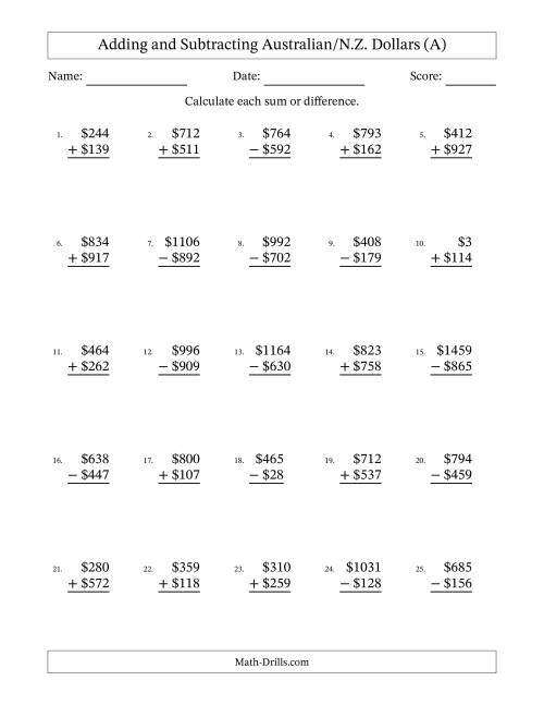 The Adding and Subtracting Australian/N.Z. Dollars With Amounts from 1 to 999 in Increments of One Dollar (A) Math Worksheet